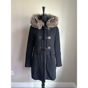 BCBGENERATION Women's Wool Toggle Front Faux Fur Hooded Mid Length Coat Size M